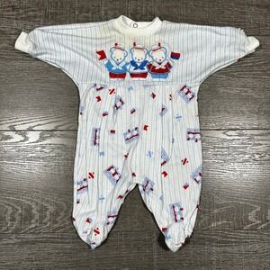 Vintage Little Me Nautical Sailor Bear Footed Sleeper White Blue Striped Small